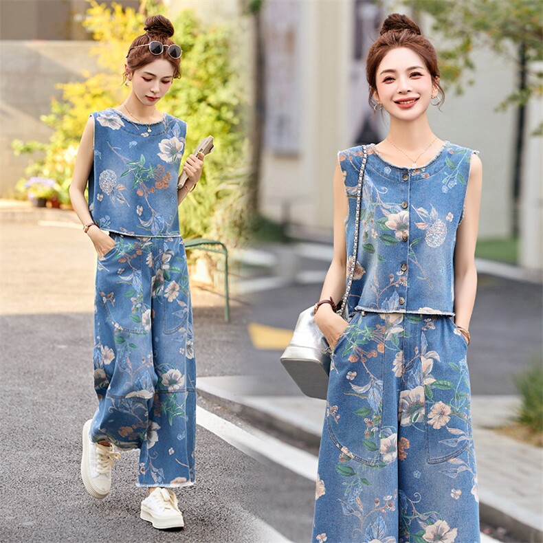 夏天无袖印花牛仔套装女2025超火夏装一整套时尚减龄九分裤两件套，女装套装/套裙，关键词