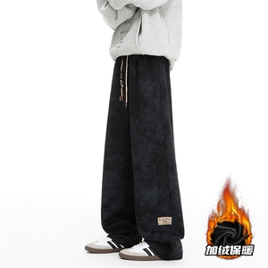 加绒加厚脏脏裤子男款秋冬直筒阔腿休闲裤加长扎染弯刀裤KZ025P45图片