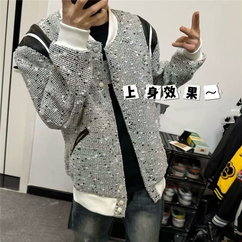 春秋季美式复古拼接棒球男女宽松夹克休闲简约男潮外套毛呢MJK700图片
