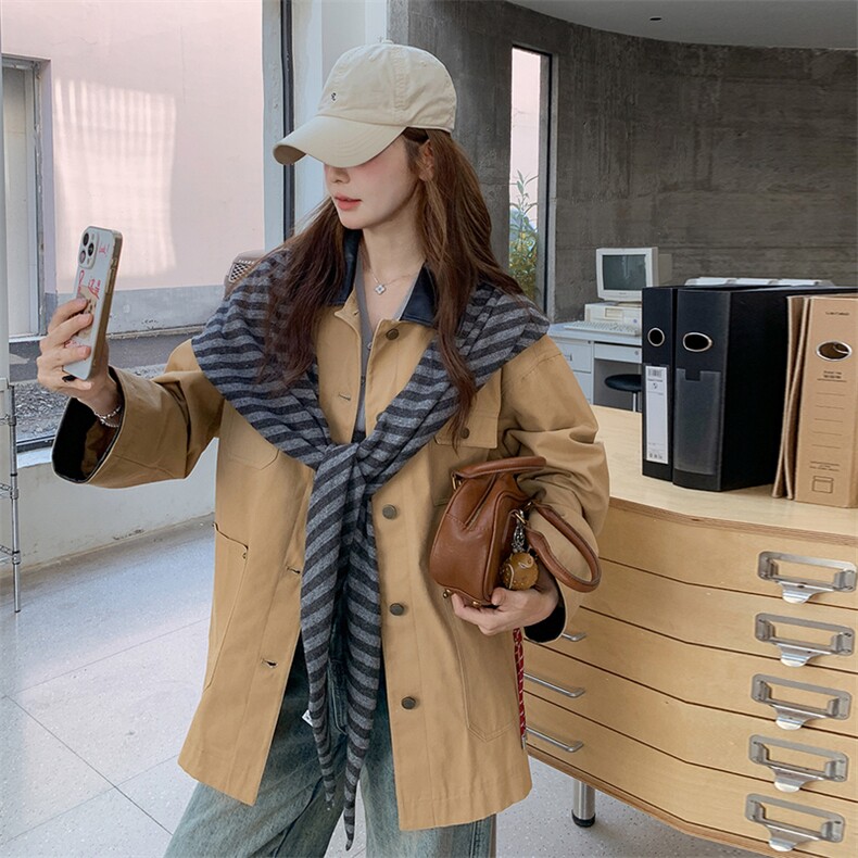 撞色拼接卡其色风衣外套短裙套装女秋季2025新款小个子两件套流行,女装短外套,2C372
