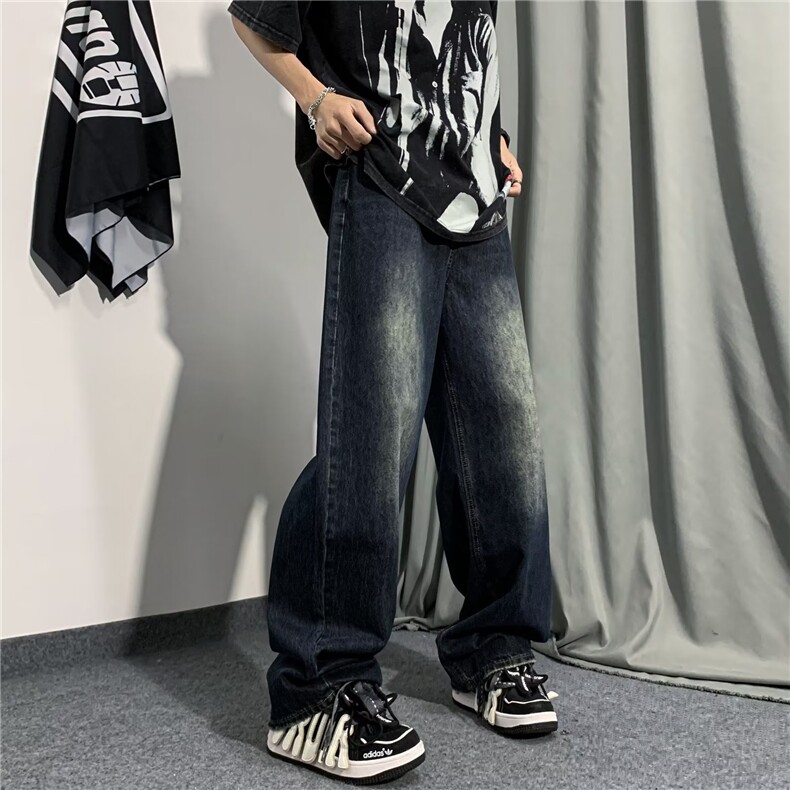 复古蓝牛仔裤男宽松做旧oversize裤子美式垂感阔腿拖地裤KN916P46,男装牛仔裤,星座1116-2