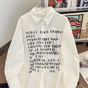 高街字母印花长袖衬衫男秋季高级感痞帅白色衬衣情侣外套C329/P40,李宁运动风男穿搭图片