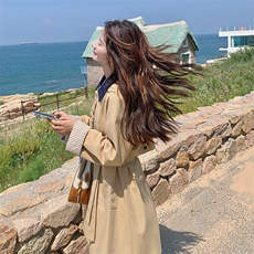 条纹翻边风衣外套女春秋2025新款韩系高级感收腰洋气中长款大衣，女装风衣，蝶眷