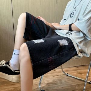 水洗破洞系绳牛仔短裤男夏季潮牌美式痞帅休闲裤子炸街设计感中裤图片