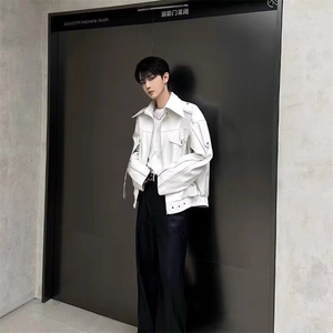 美式潮牌小众重工解构pu皮衣夹克外套男金属设计感高级感机车服男图片