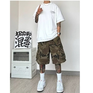 迷彩工装短裤男夏季美式复古马裤oversize高街军绿色半腿裤子潮牌图片