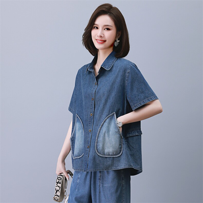 2023夏季新款时尚气质翻领显瘦休闲舒适牛仔上衣,女装衬衫,独衣靓