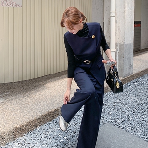 藏青色背心马甲阔腿裤套装女夏2025新款轻熟风巨好看通勤三件套图片