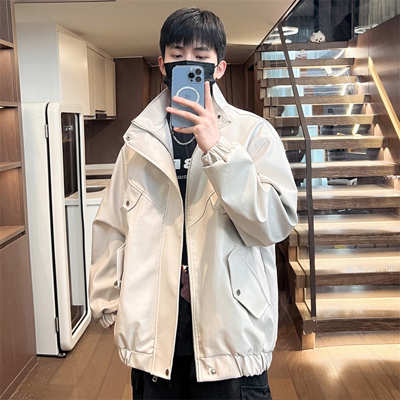 立领皮衣男潮流秋季皮夹克工装外套情侣款式A266-PY008-特P55，男装皮衣，电商A266