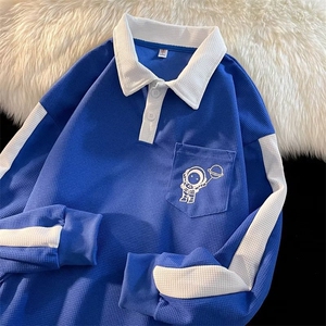 春季潮牌学院风拼色长袖Polo衫男刺绣美式复古宽松卫衣W0505-P33图片
