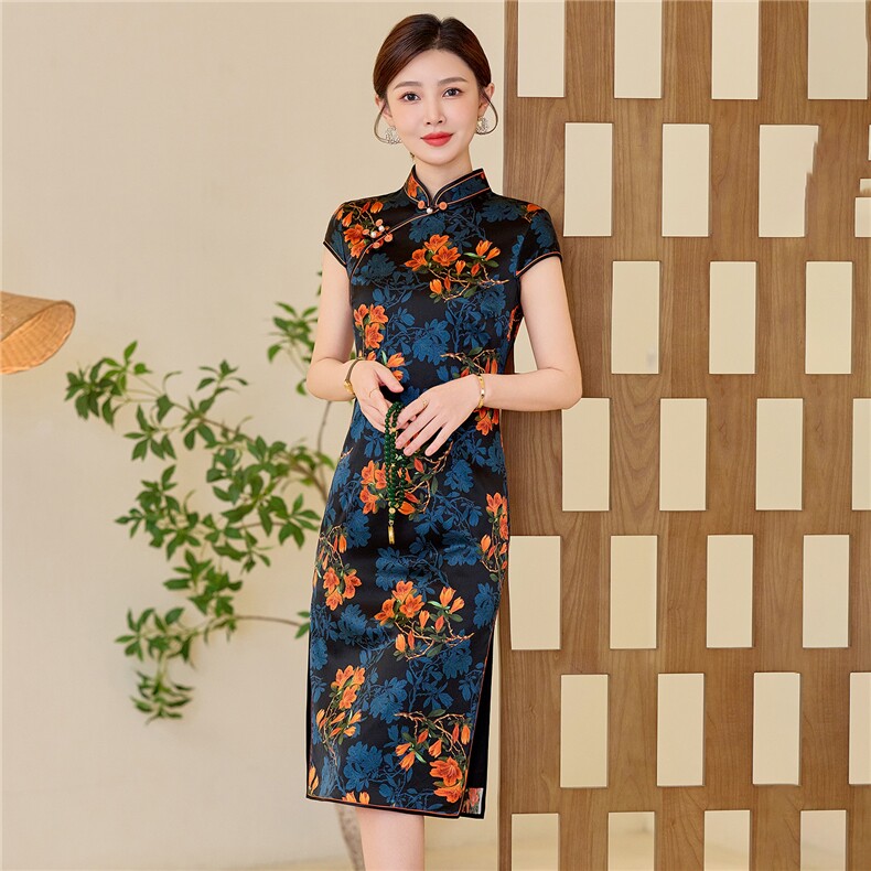 杭州品质真丝中长裙复古印花连衣裙女春夏日常修身潮流真丝旗袍,女装汉服/婚纱/旗袍/礼服,小荷流