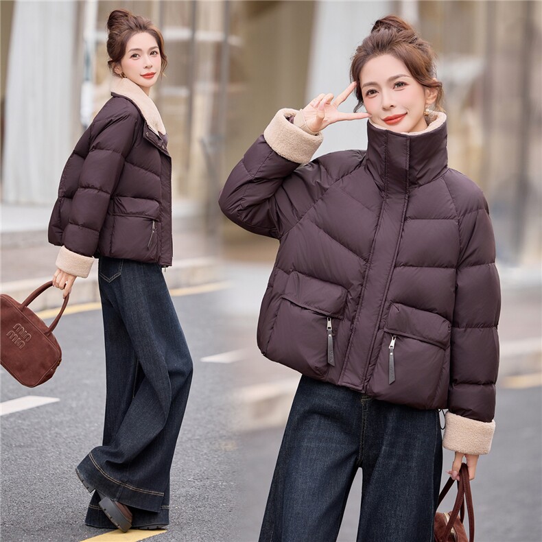 羊羔毛拼接短款白鸭绒羽绒服女2025冬新款加厚保暖,女装羽绒服,余墨