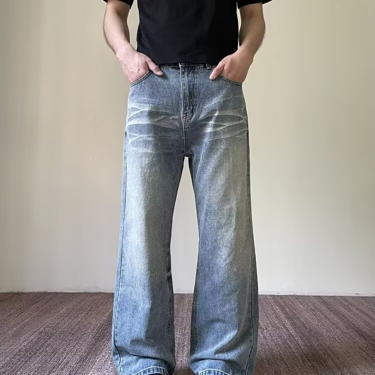 美式复古水洗冰蓝直筒宽松牛仔裤男阔腿百搭休闲长裤NZK2027,男装牛仔裤,星座516A