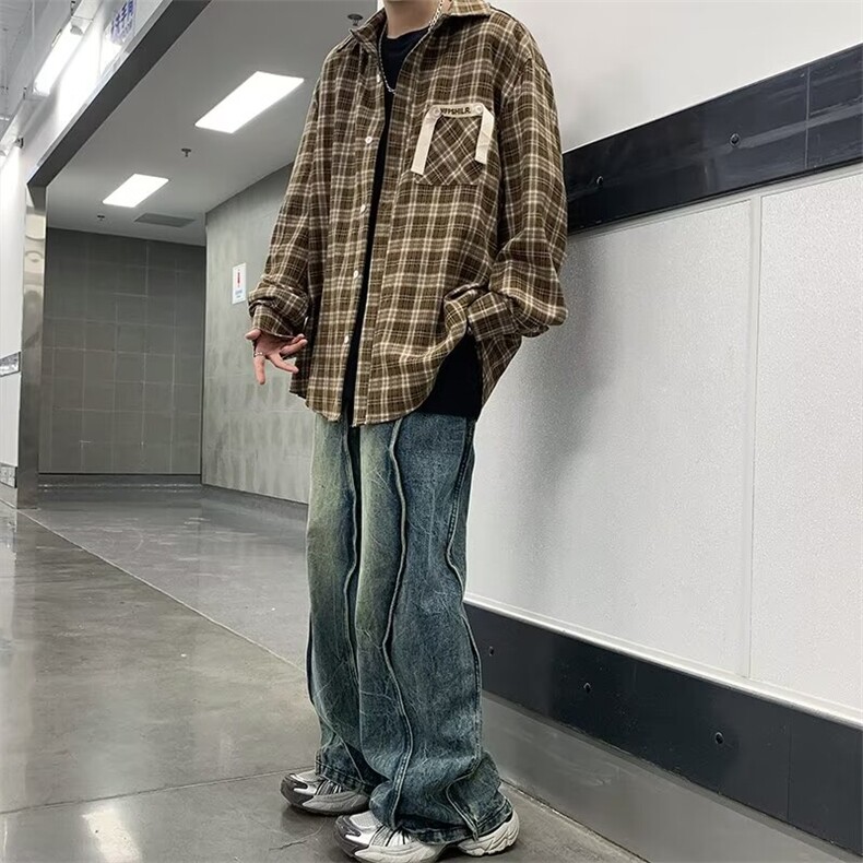 日系黑白格子衬衫男设计感小众复古港味宽松衬衣外套CY791-P36,男装衬衫,星座412-2