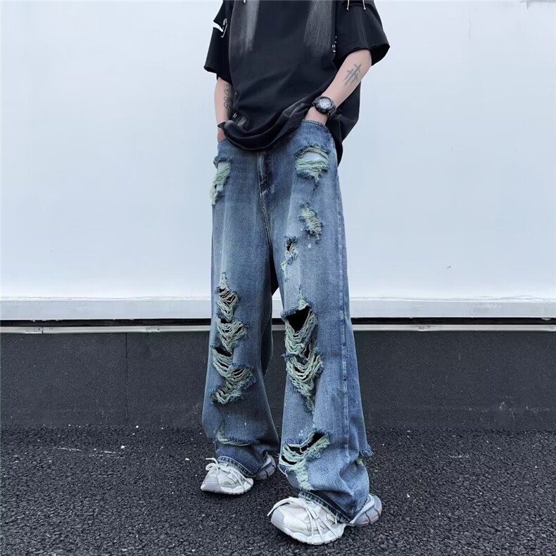 破洞水洗复古牛仔裤男美式阔腿宽松高街牛仔裤1001-1-XN807-P58图片