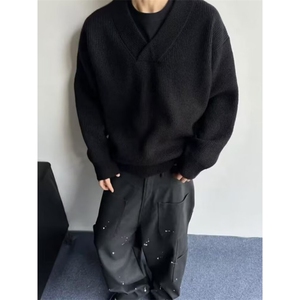 JY301-P50 美式复古休闲慵懒风V领针织衫男纯色外套图片