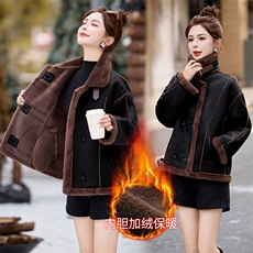 双排扣加绒加厚皮毛一体时尚外套973P145，女装短外套，乐衣轩