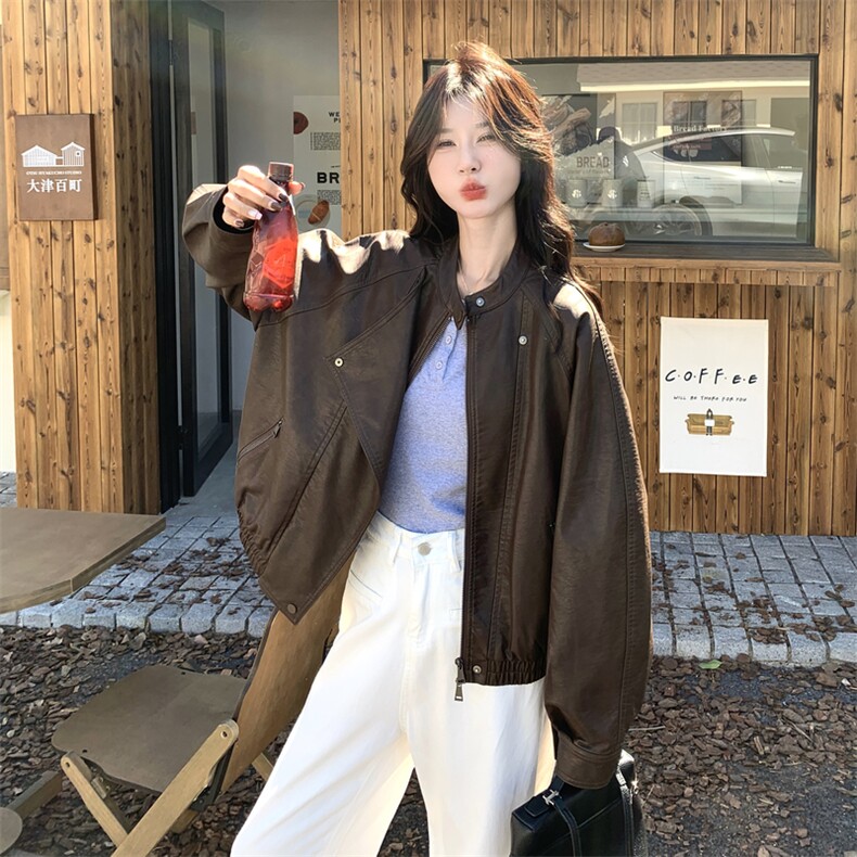 咖色美式复古减龄PU皮衣外套女2025秋季新款百搭时尚气质流行夹克图片