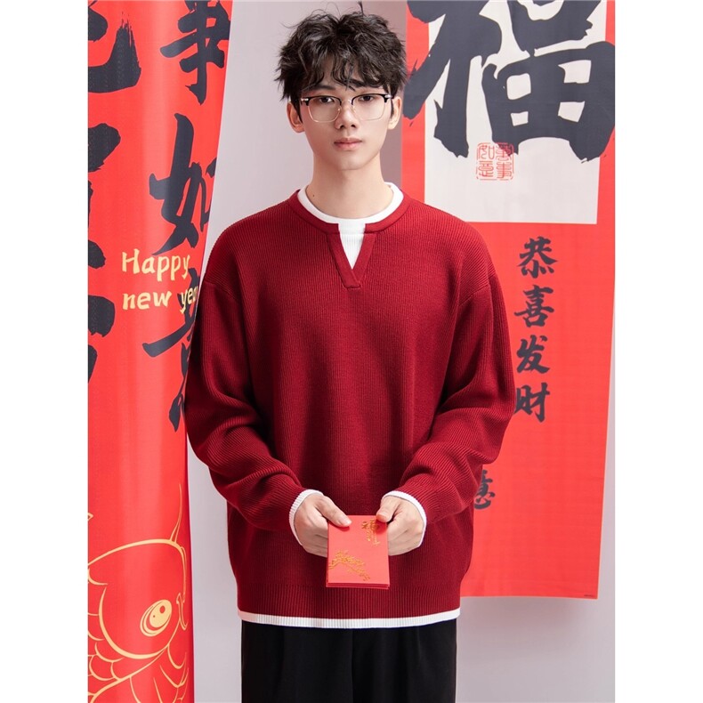 1506-1/MD1021/P56假两件红色新年毛衣男秋季新款马年本命年内搭,男装针织衫/毛衣,星座1506-1