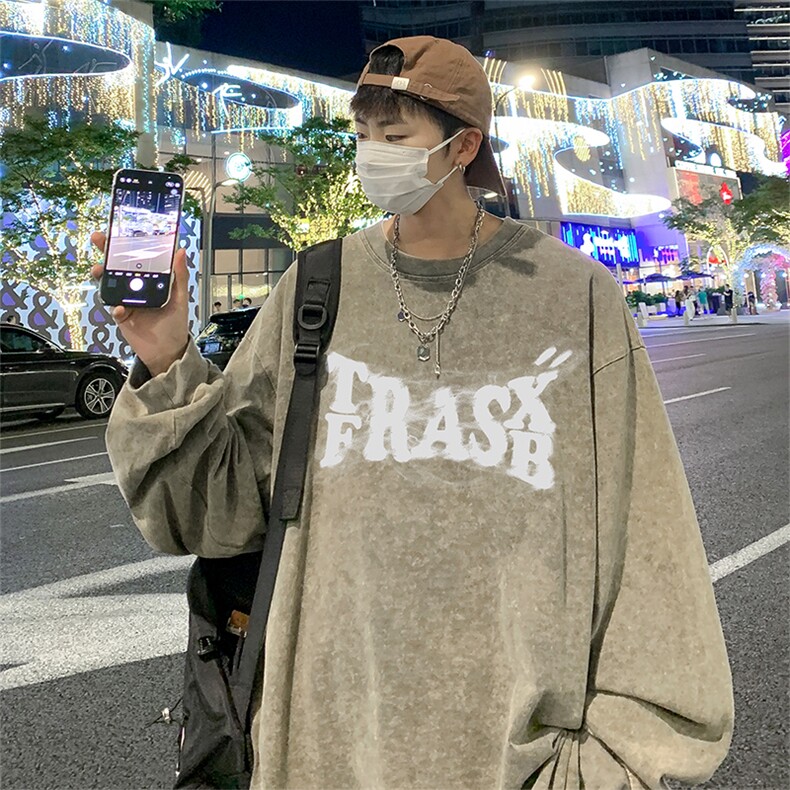 直播品质重磅纯棉美式蜡染水洗做旧潮牌宽松长袖t恤CT325特P38,男装T恤,电商A486
