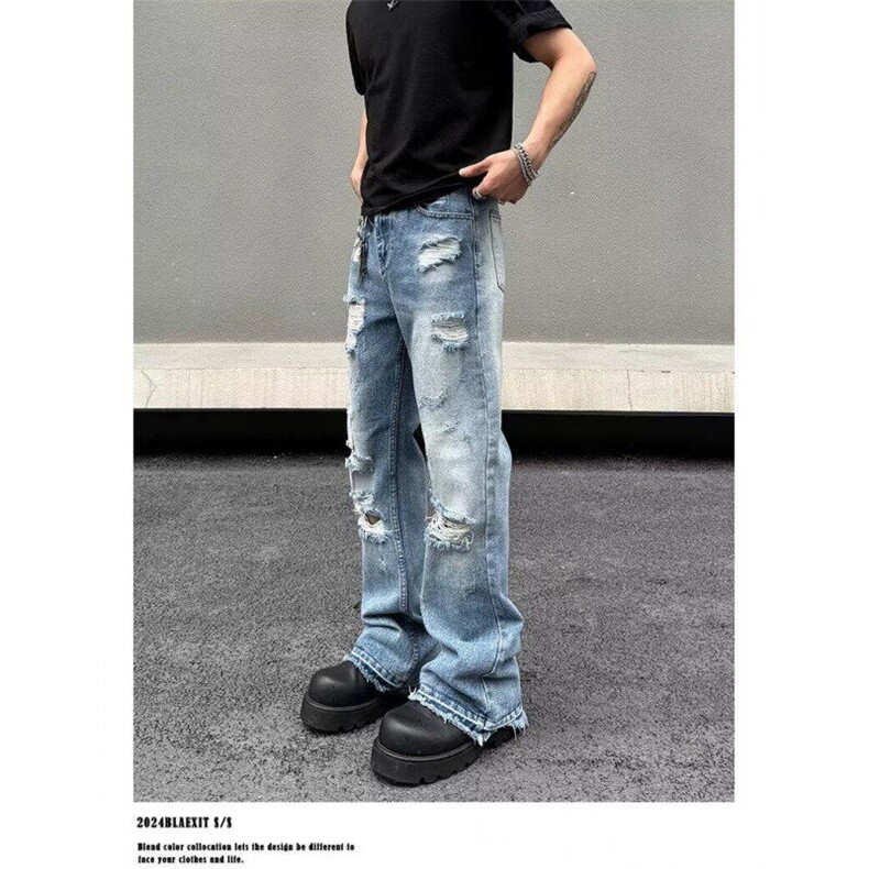网络图现货高街复古破洞牛仔裤男痞帅直筒宽松裤子RB141-P60,男装牛仔裤,星座1005-4