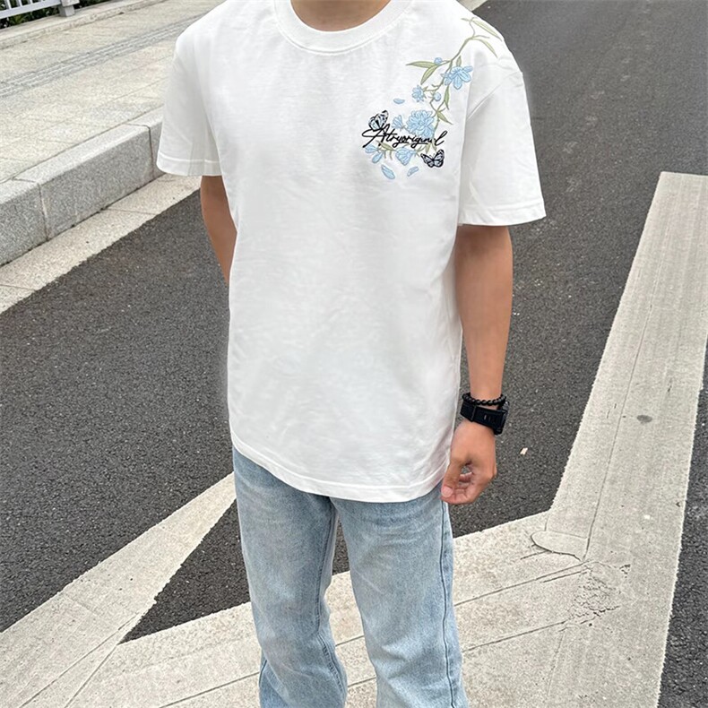 万针全刺绣解构设计260克重磅双纱纯棉高品质美式高街短袖T恤特35,男装T恤,电商A486-1