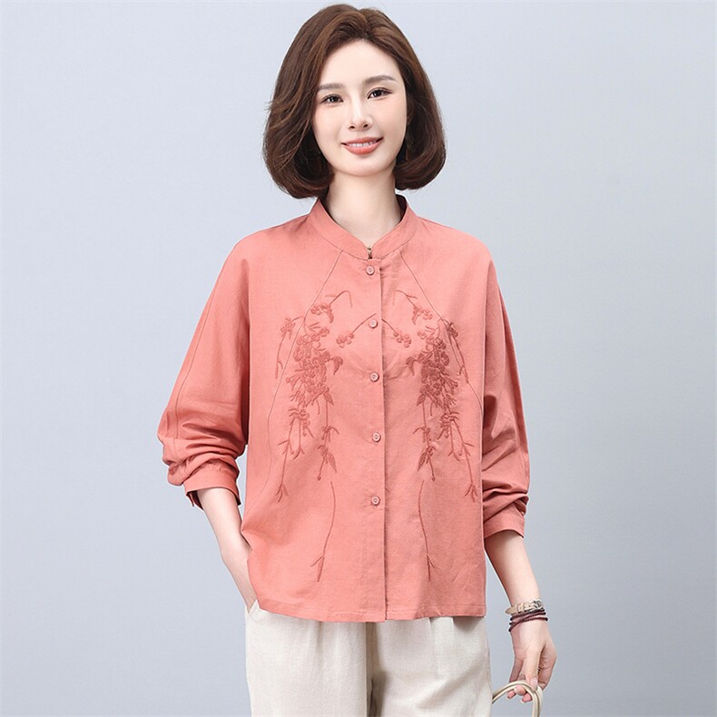 棉麻衬衫女2025新款春秋宽松大码中老年休闲亚麻刺绣上衣,女装衬衫,忆绮罗
