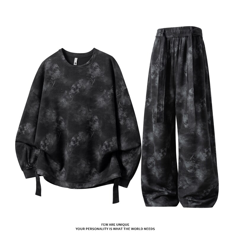 时尚山水印花飘带设计休闲运动套装情侣百搭卫衣长裤TZ820-P68，男装休闲套装，电商A006