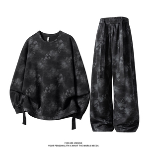 时尚山水印花飘带设计休闲运动套装情侣百搭卫衣长裤 TZ820-P68，男装休闲套装，电商A006