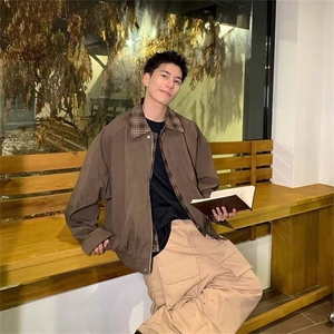 春秋美式复古翻领格子拼接假两件夹克男棒球服外套潮牌图片