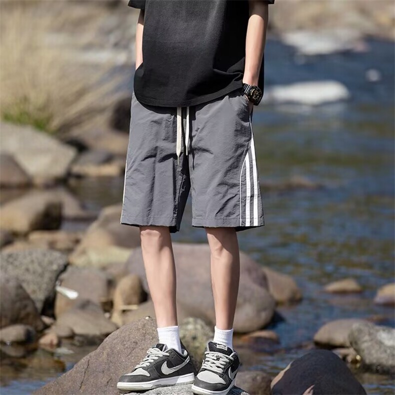 冰丝条纹运动短裤男夏季2025新款薄款速干宽松直筒男士休闲五分裤，男装牛仔裤，星座1210-1