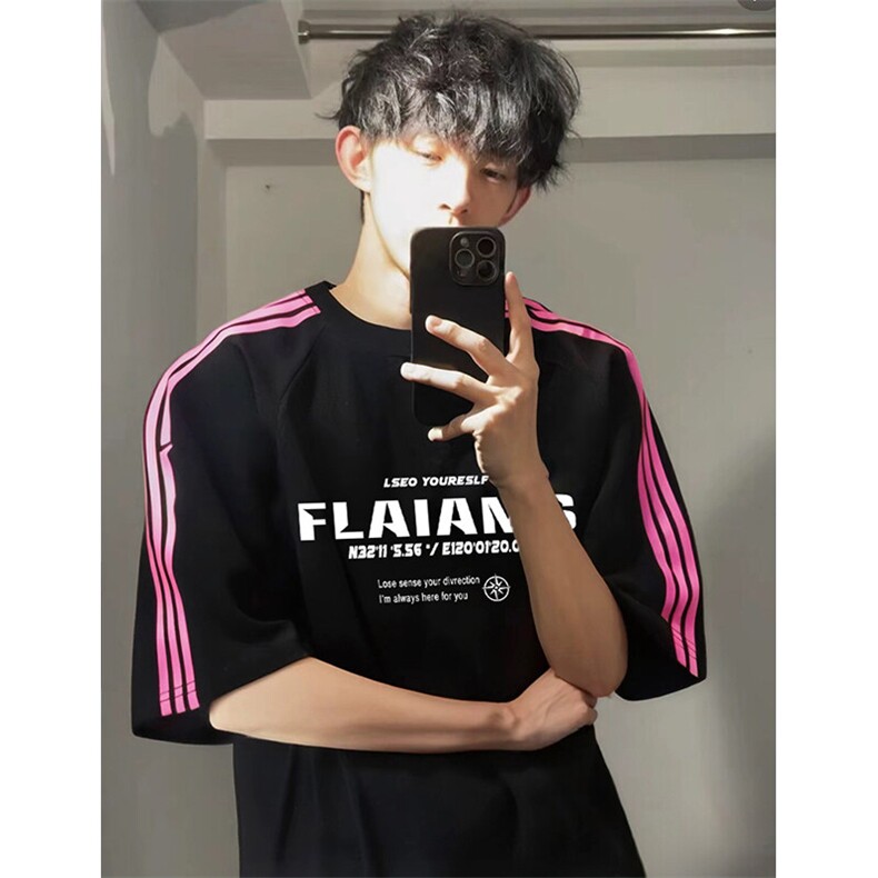 抖音得物品质二开240克宽松纯棉美式潮牌印花三条杠中性风短袖T恤,男装T恤,电商A486