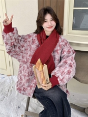 红色小众设计感围巾款羽绒服女冬季2026新款韩版加厚新年喜庆外套，女装羽绒服，艾米莉亚