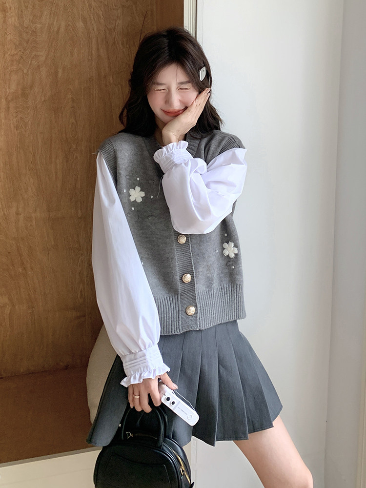 法式复古小香风套装女2025春秋季新款花朵针织马甲白色衬衫两件套,女装马甲,维壹