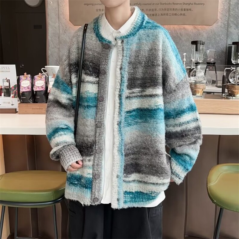 秋季美式复古彩虹撞色慵懒开衫毛衣Z8810P62,男装针织衫/毛衣,星座1116-2