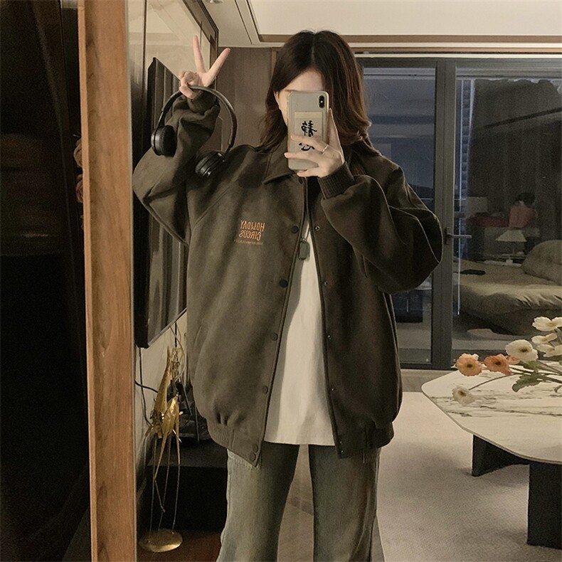 A408-P100鹿皮绒翻领棒球服宽松春秋款潮牌重磅美式夹克外套,男装夹克,星座911