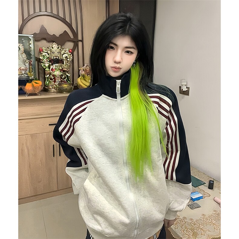 抖音得物高品质26春装美式高街重磅织带拼接撞色立领卫衣外套CM41，女装短外套，电商A486