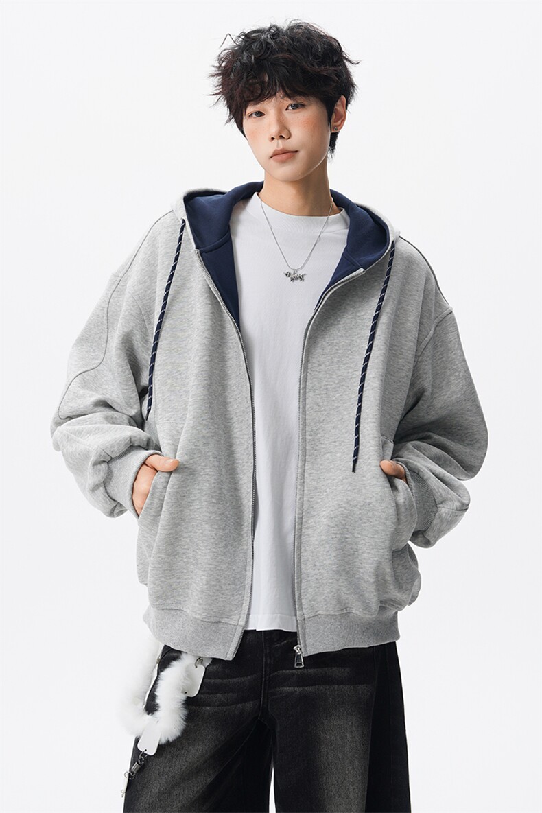 8XL-M秋连帽卫衣男宽松休闲纯色拉链开衫外套拼色帽衫运动WY27P65,女装短外套,电商D206-1