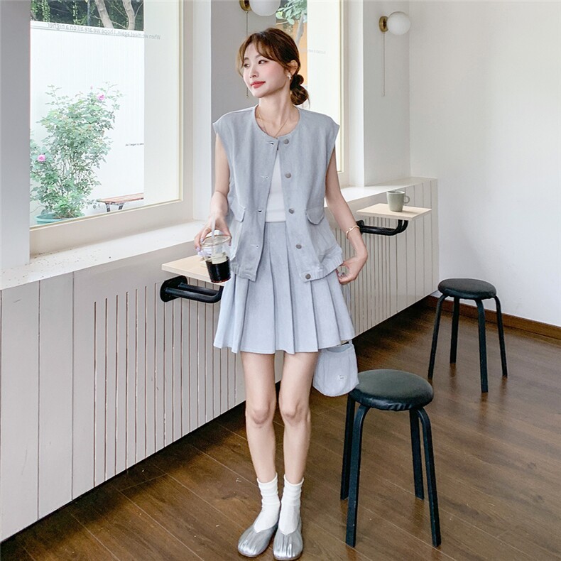韩版小个子穿搭一整套女2025夏新款时尚无袖马甲百褶半身裙两件套图片