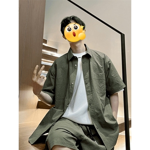 GENIOLAMODE冰丝休闲运动衬衫套装夏季男士短袖短裤帅气潮牌穿搭图片