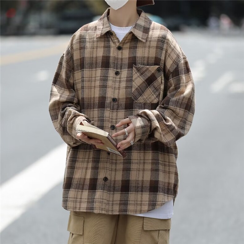 43%棉格子长袖衬衫男女情侣款宽松衬衣1254-P38,男装衬衫,星座910-5
