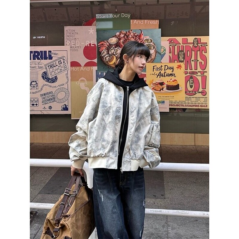 美式复古做旧立领工装外套男女春秋季设计感宽松百搭休闲飞行夹克,男装夹克,星座506A