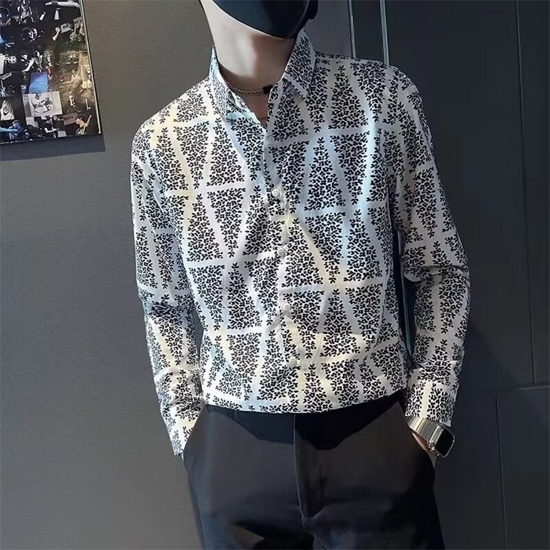 花衬衫男五分袖春秋季痞帅发型师男装斑马纹印花衬衣CS109,男装衬衫,星座1116A-2（原606A-1）