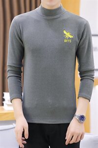 冬季半高领双面绒刺绣蜜蜂卫衣男加绒加厚保暖打底衫长袖灰330P28图片