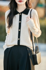 小香风100%纯羊毛开衫女POLO领拼色针织外套上衣宽松羊绒毛衣衬衫，女装羊毛衫，蒙特羊绒