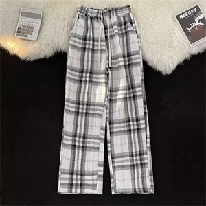 复古黑白格子裤男女秋季宽松休闲抽绳阔腿高腰显瘦长裤A996/P37图片