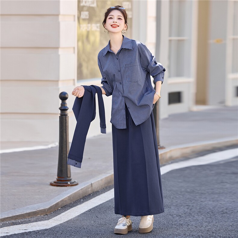 韩系气质披肩条纹衬衫套装女2025年春秋新款优雅大气半身裙三件套,女装套装/套裙,意芙