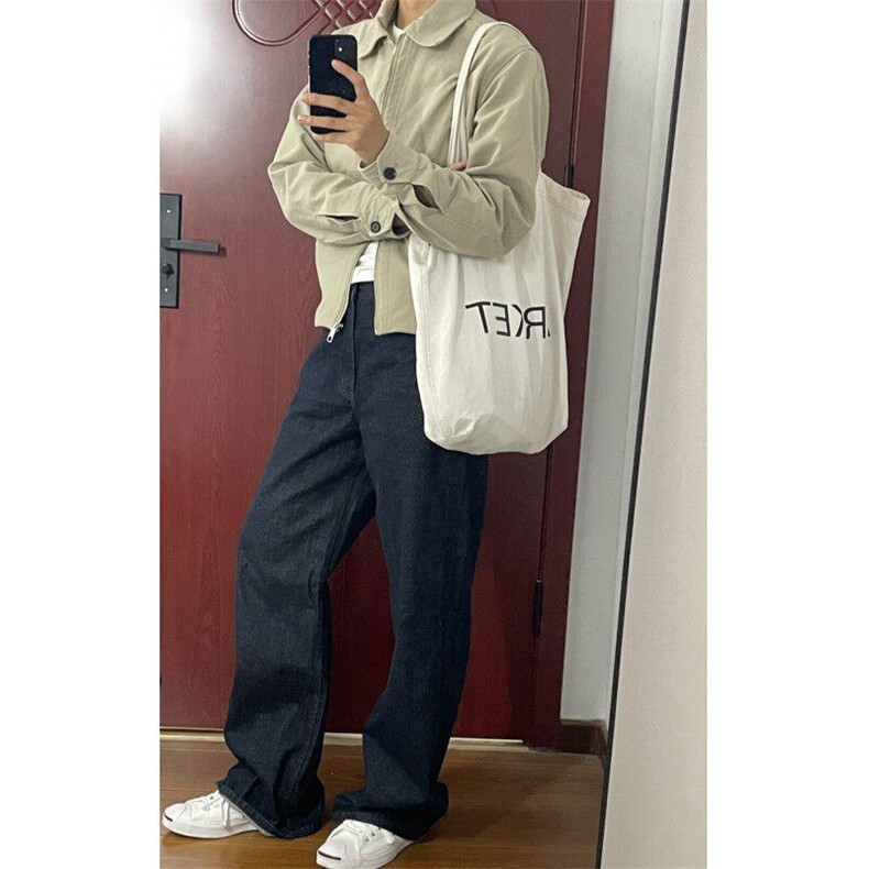 日常潮青少年美式复古阔腿牛仔裤男女款简约百搭宽松直筒休闲长裤图片