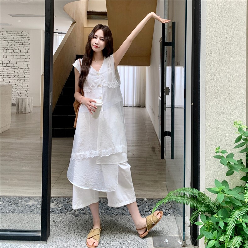 夏日系简约气质两件套女2025高级蕾丝刺绣花边无袖上衣休闲裤套装图片