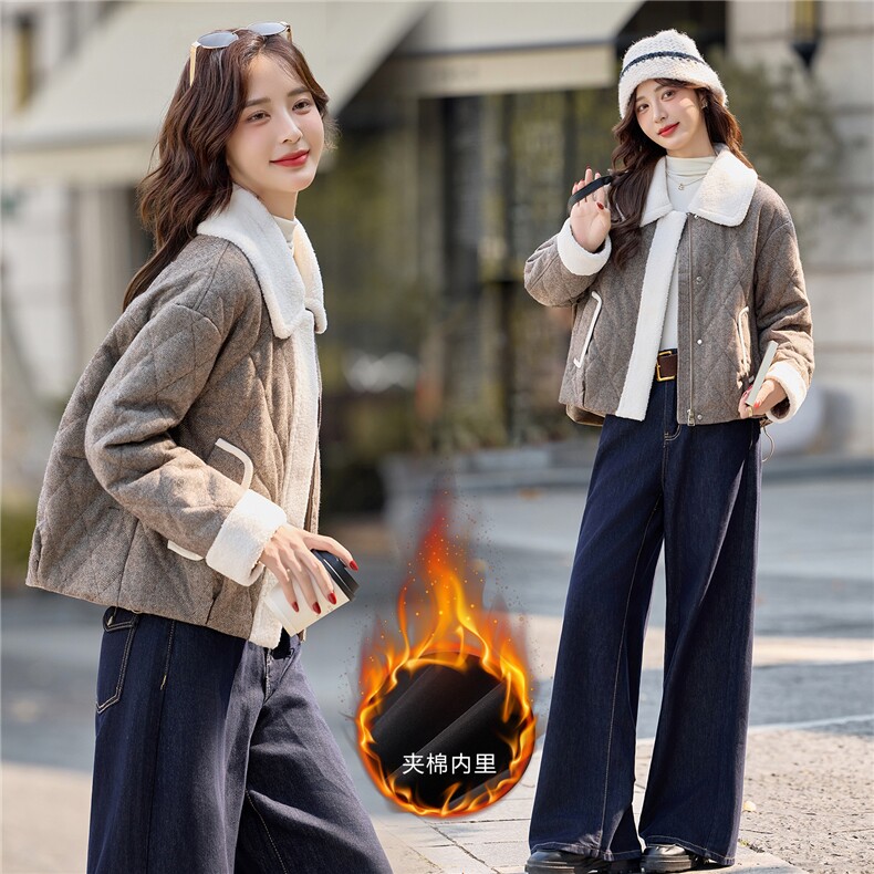 9106时尚温暖娃娃翻领呢料夹棉外套（含羊毛）,女装棉衣/棉服,依路服饰